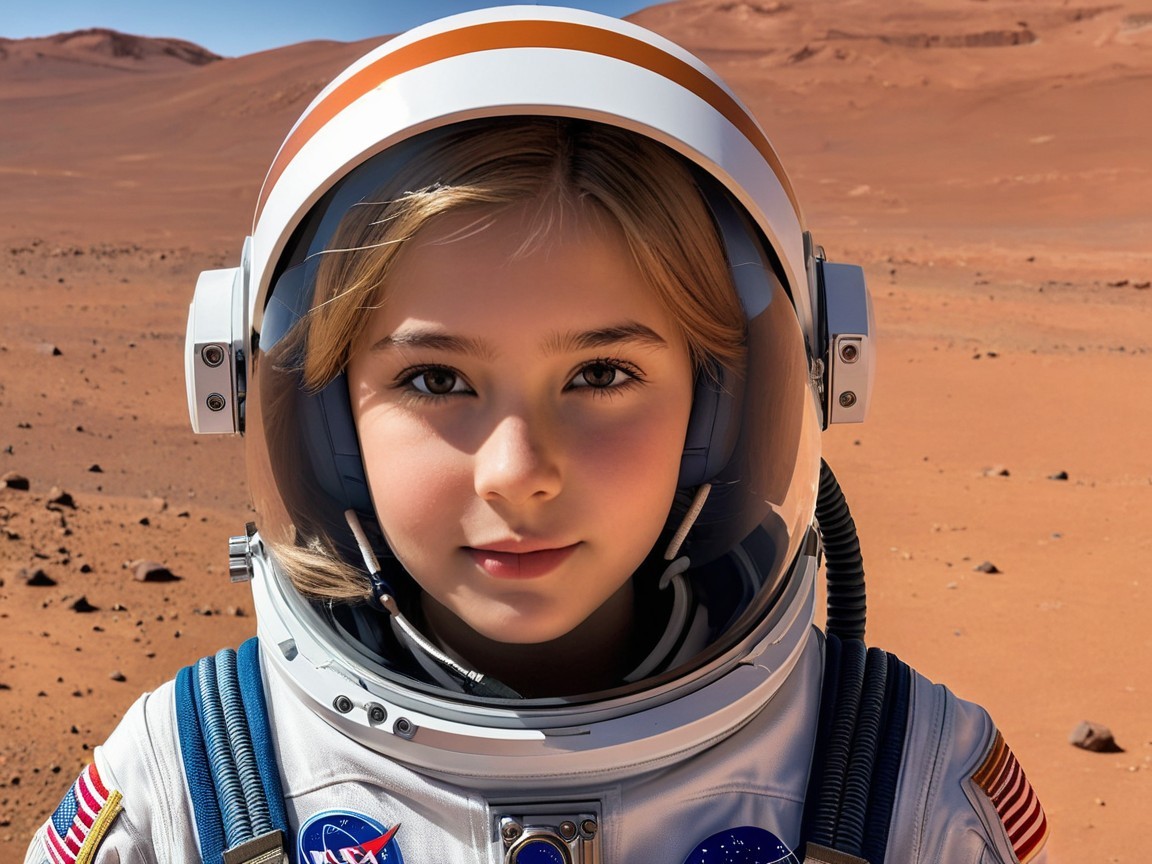 Young girl in astronaut gear on Martian landscape
