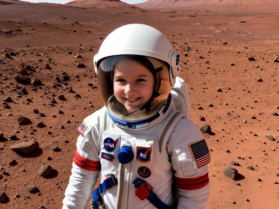 Little girl in astronaut suit on Mars surface