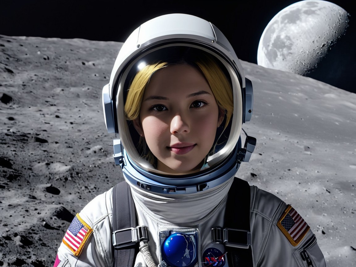 Young Female Astronaut on Moon's Surface Close-Up