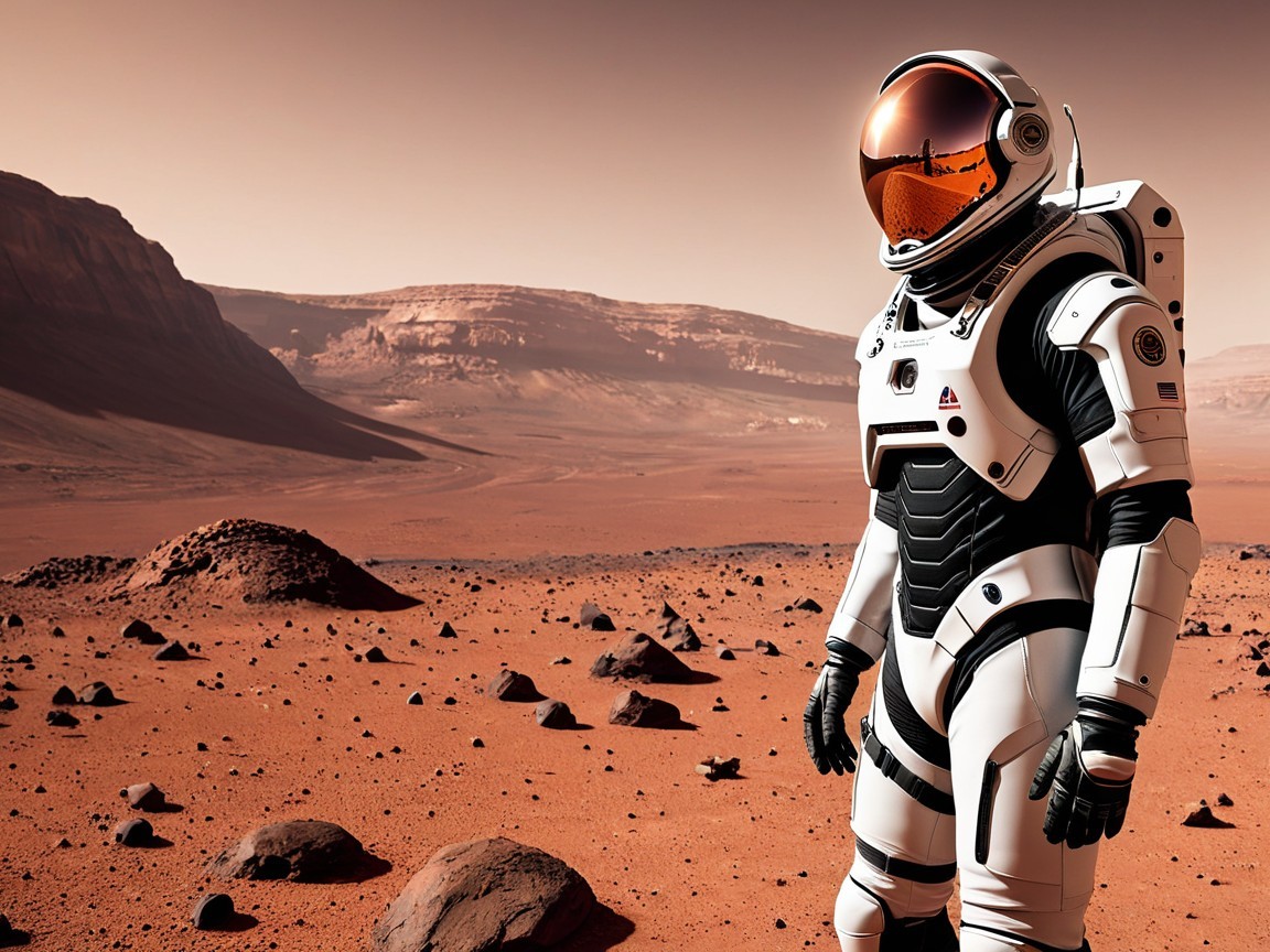 Astronaut on Mars with Rocky Terrain and Mountains