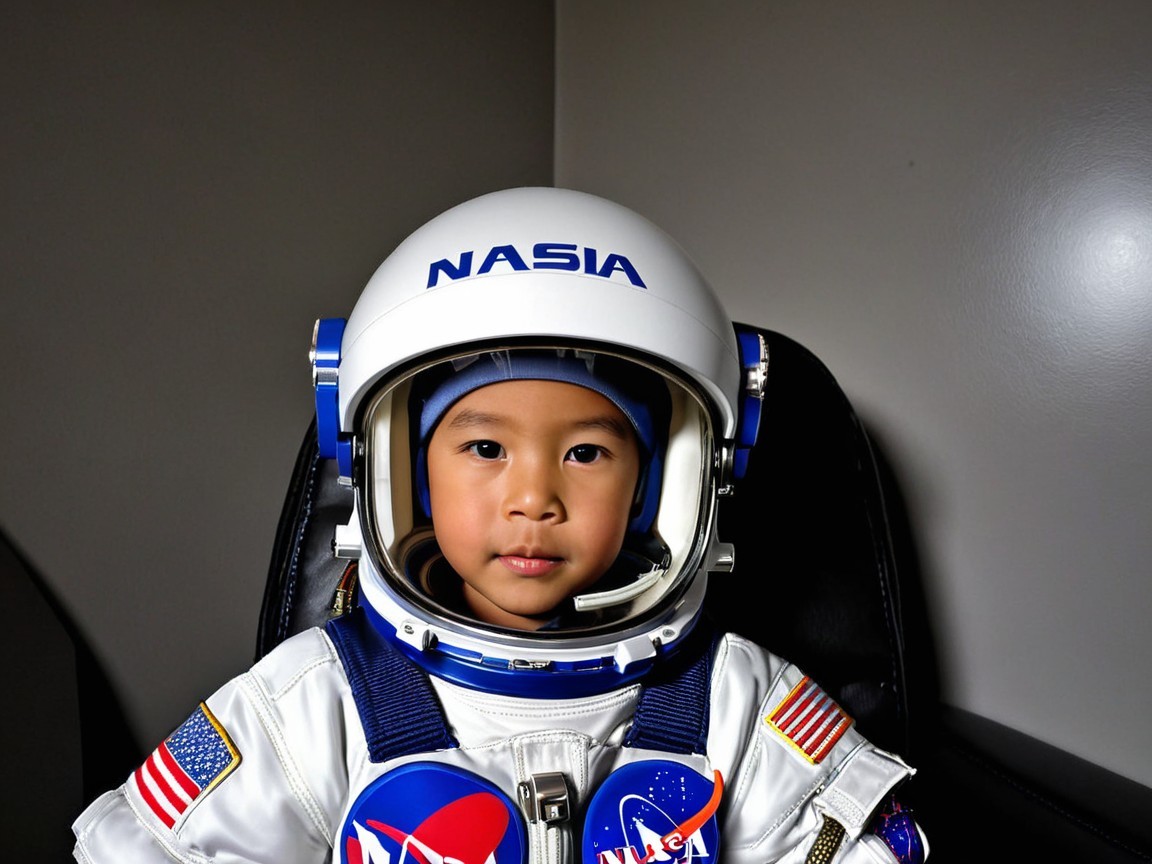 Child in Astronaut Suit with NASA Helmet and Logos