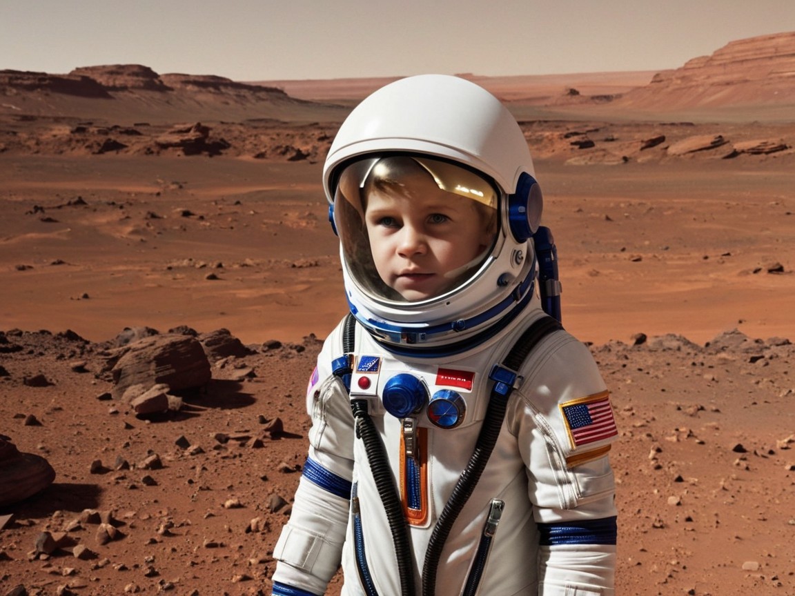 Young Boy in Astronaut Suit on Martian Landscape
