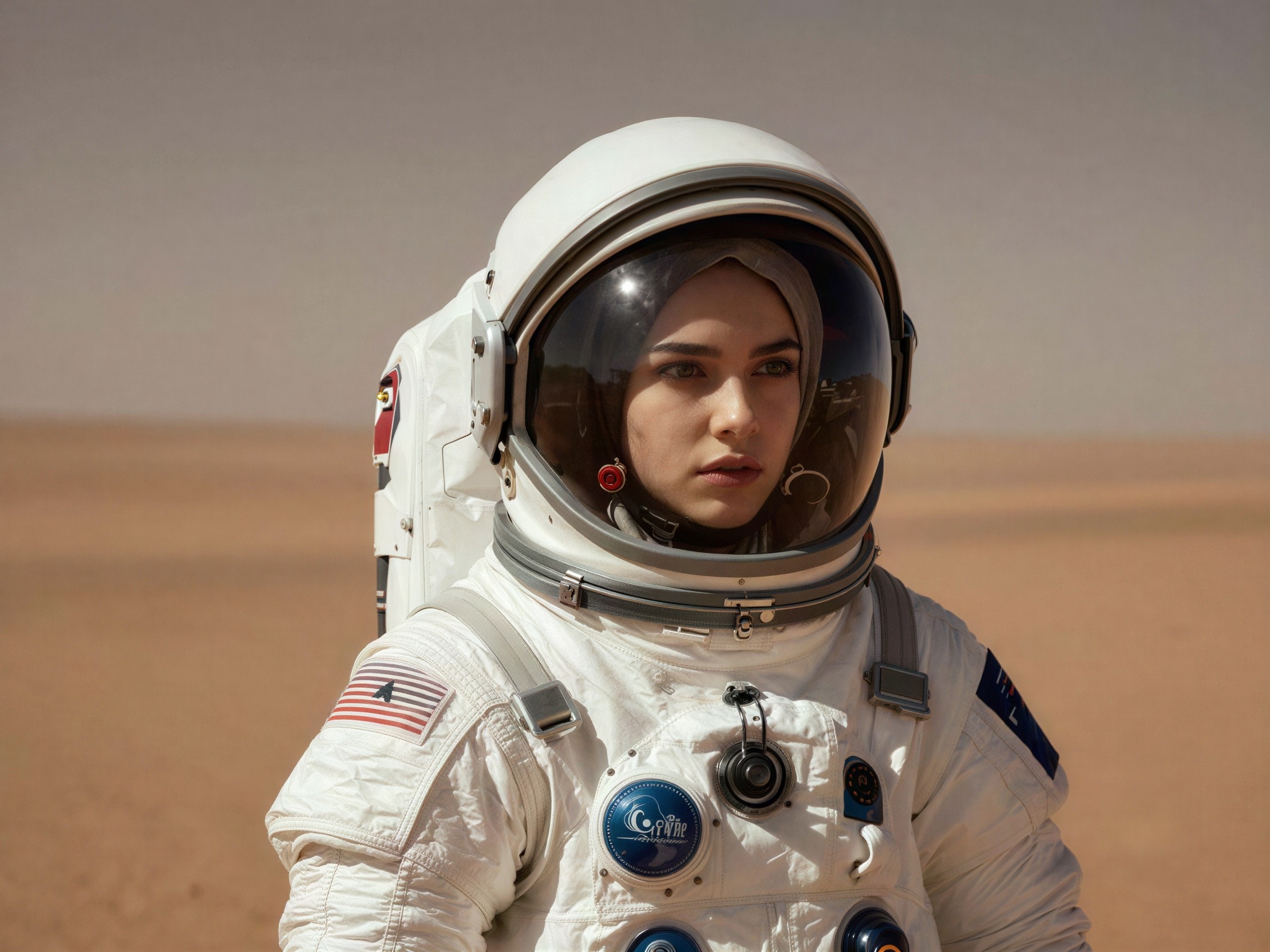 Portrait of a Young Woman in Astronaut Suit in Desert