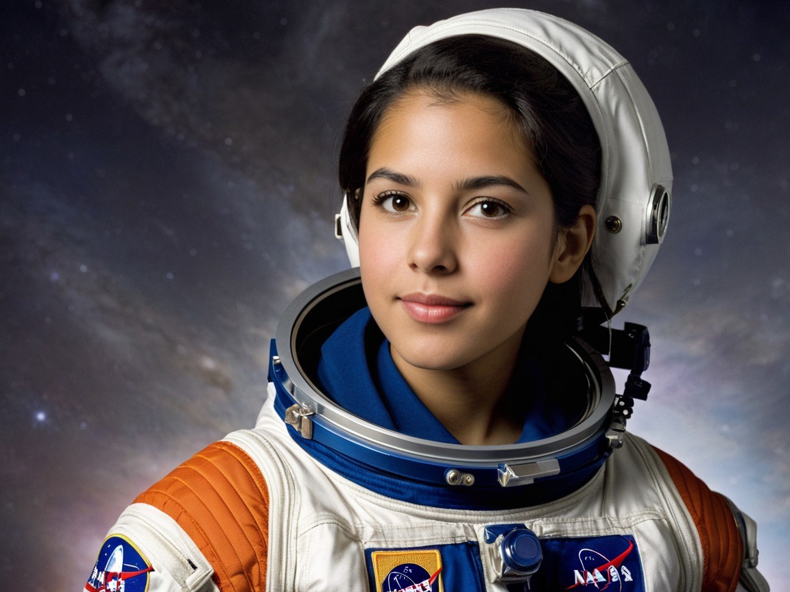 Young woman in NASA space suit against starry sky