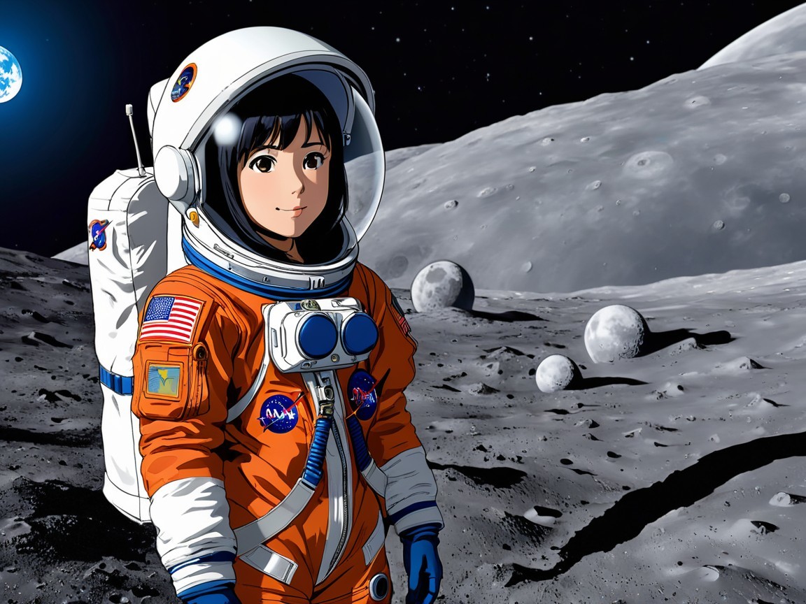 Anime-style Astronaut on the Moon in Orange Bodysuit