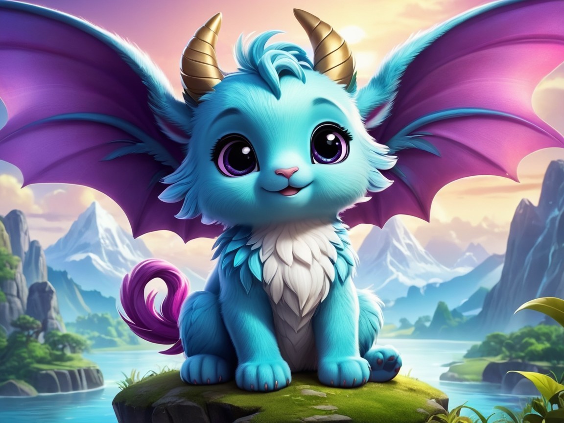 Fantastical creature by serene lake at sunset