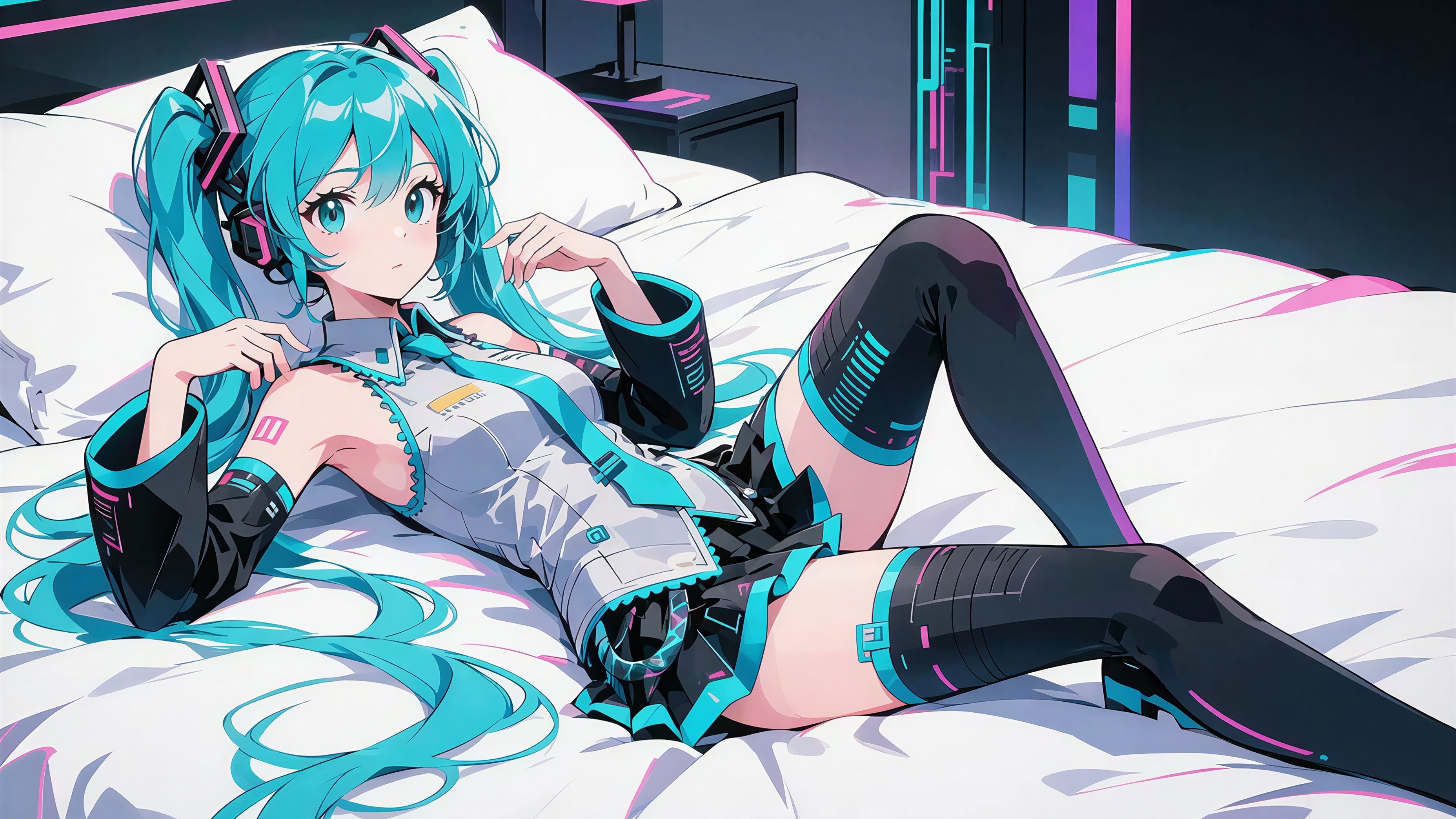 Anime girl in Vocaloid style with blue hair and dress