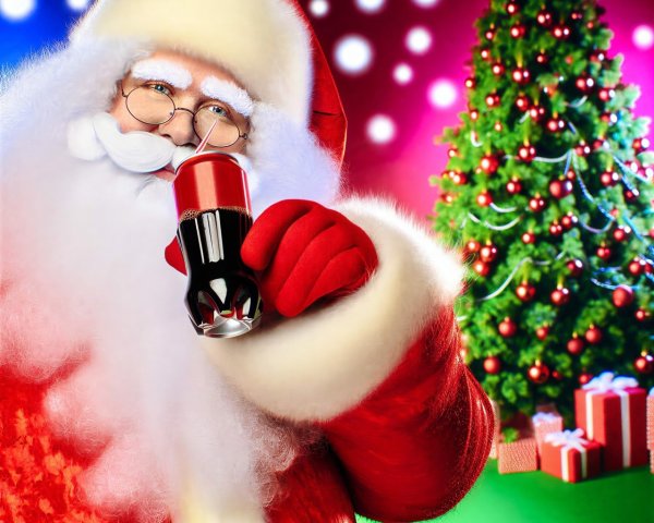 Santa Claus with Dark Cola and Christmas Tree Background