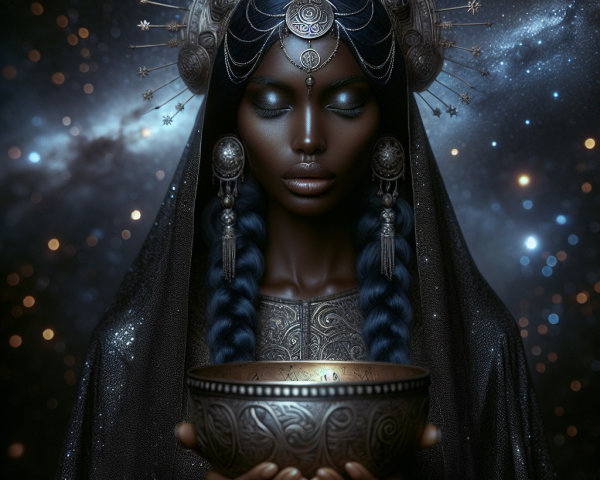 Close-up of a woman in ornate silver jewelry and headwear