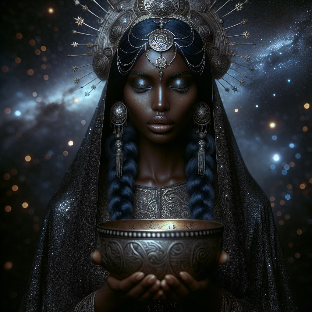 Close-up of a woman in ornate silver jewelry and headwear