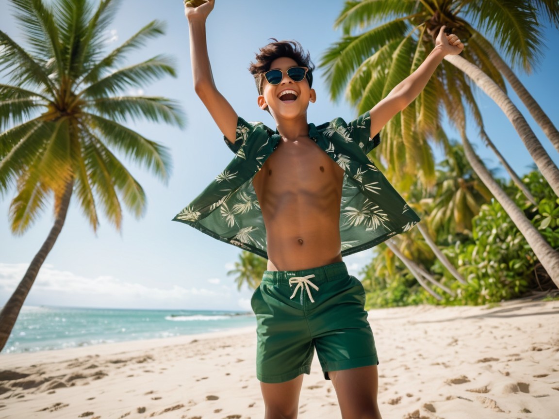 Tanned boy in green tropical attire on sunny beach