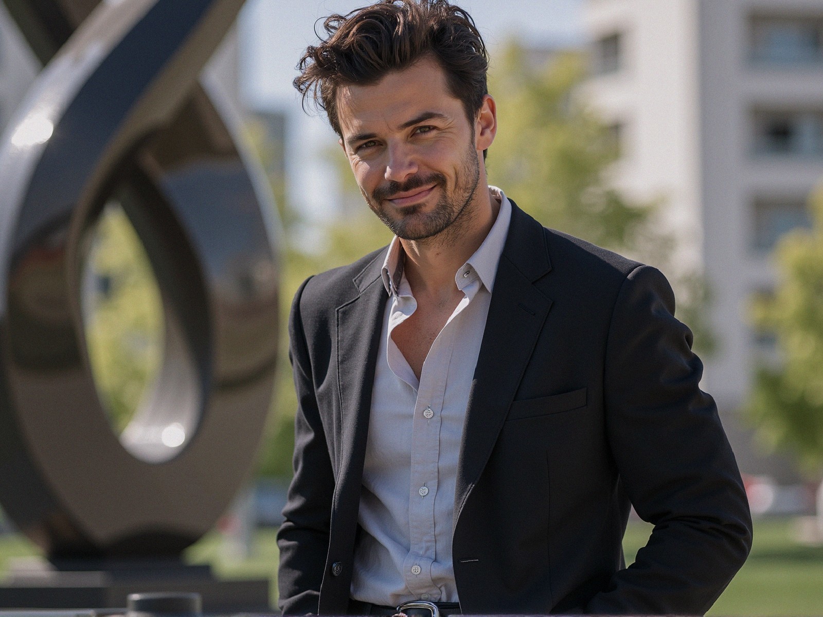 Charismatic man in black suit outdoors with sculpture
