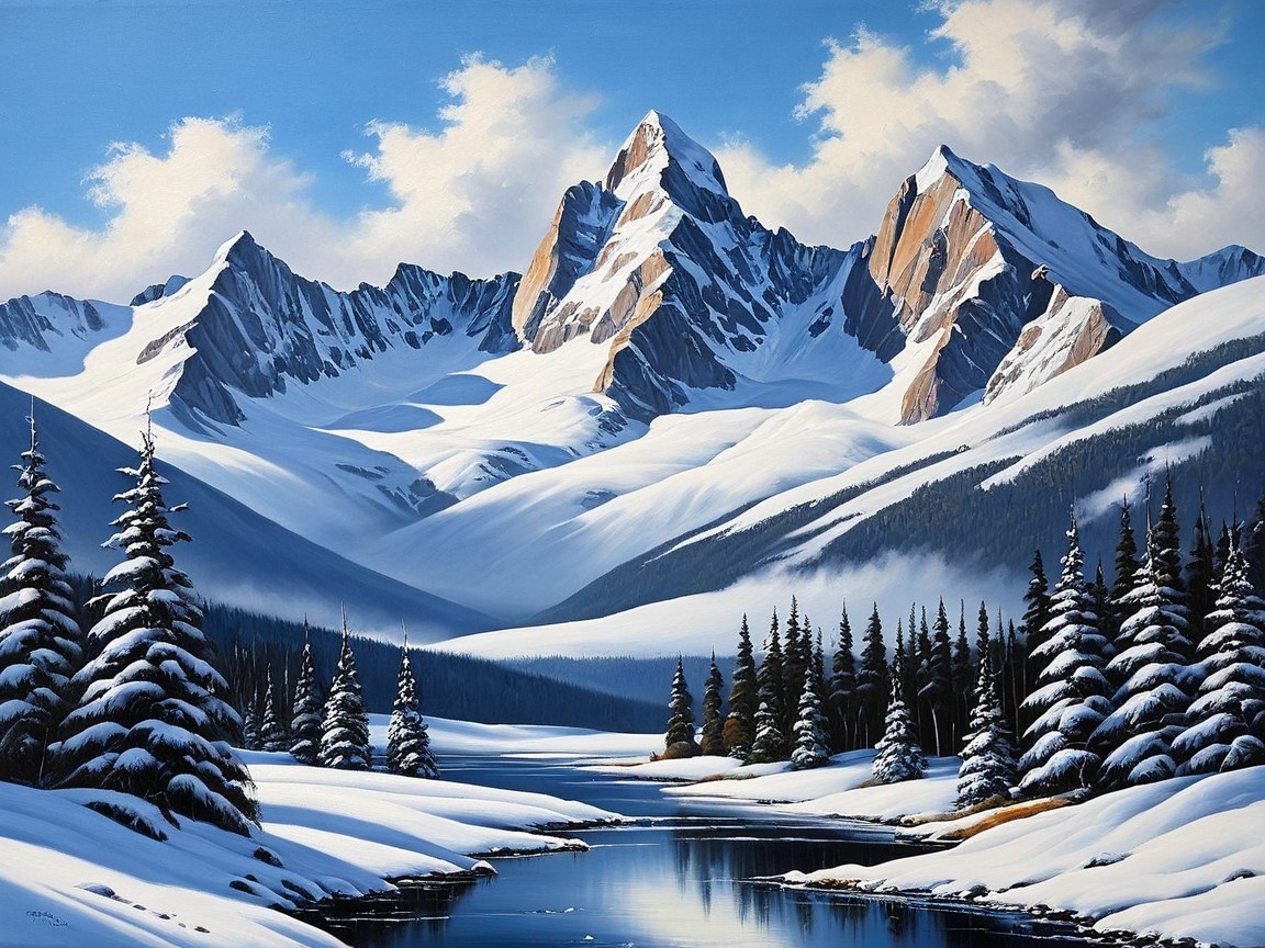 Winter Landscape with Snow-Covered Mountains and River