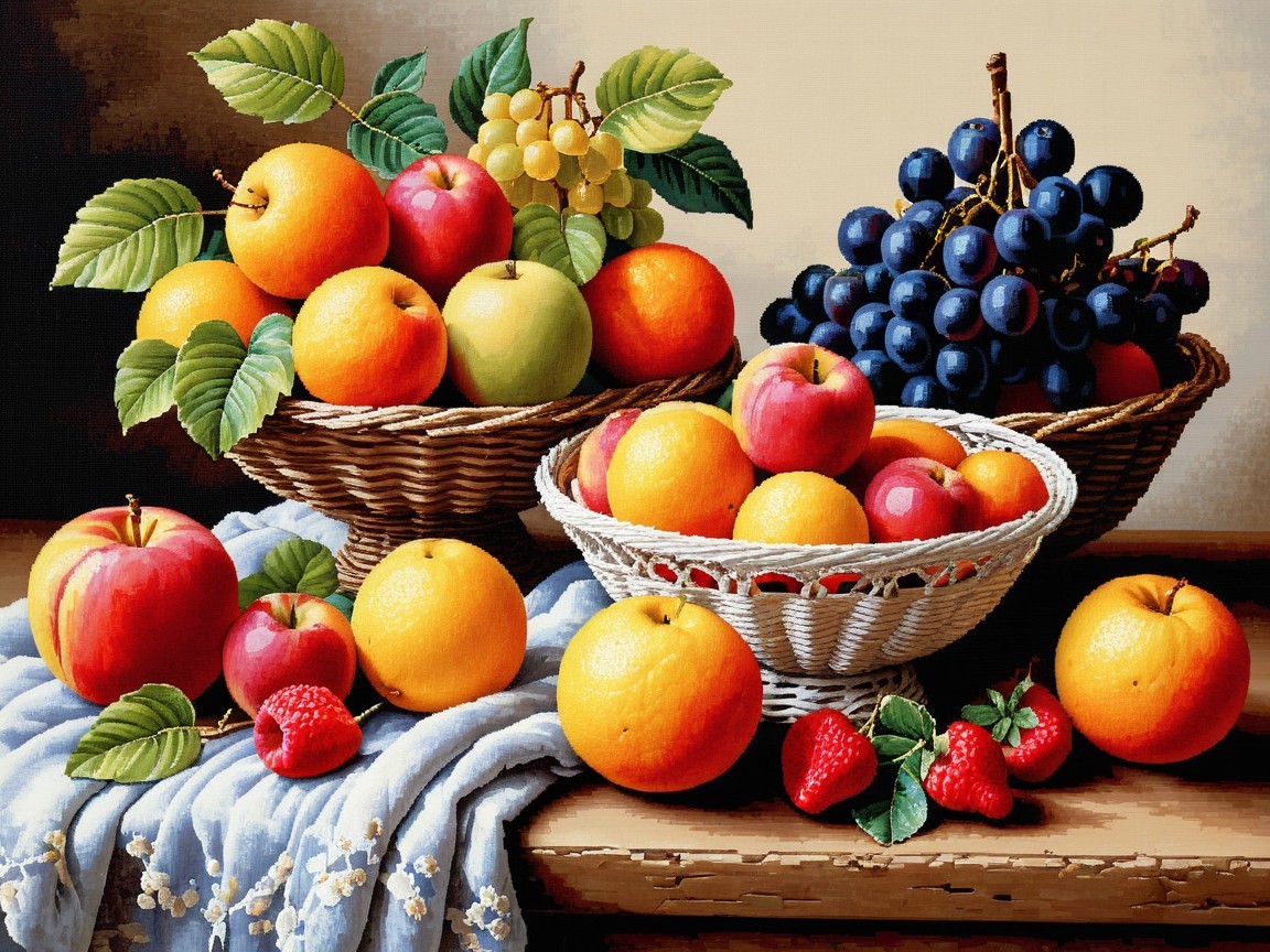 Still Life Painting of Fruits in Wicker Baskets