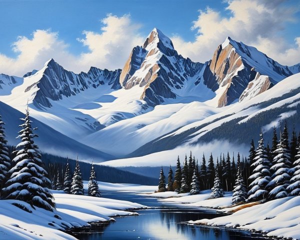 Winter Landscape with Snow-Covered Mountains and River