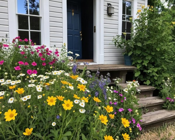 Vibrant Flower Bed by Gray Siding House and Lantern