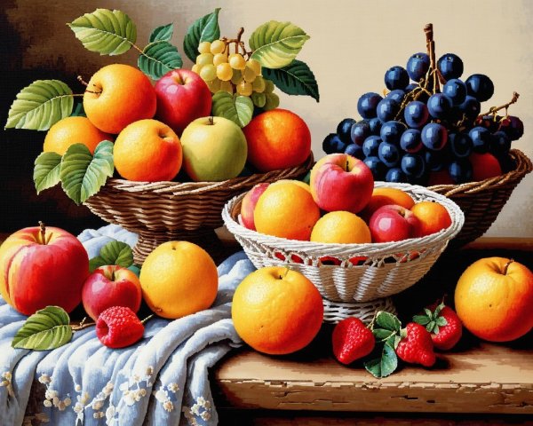 Still Life Painting of Fruits in Wicker Baskets