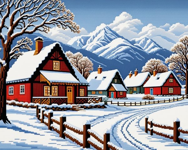 Cross-Stitch of a Snowy Mountain Village Scene