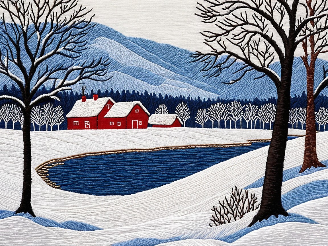 Embroidered Winter Landscape with Snowy Field and Trees