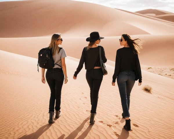 Three Women Walking in a Desert Landscape with Dunes