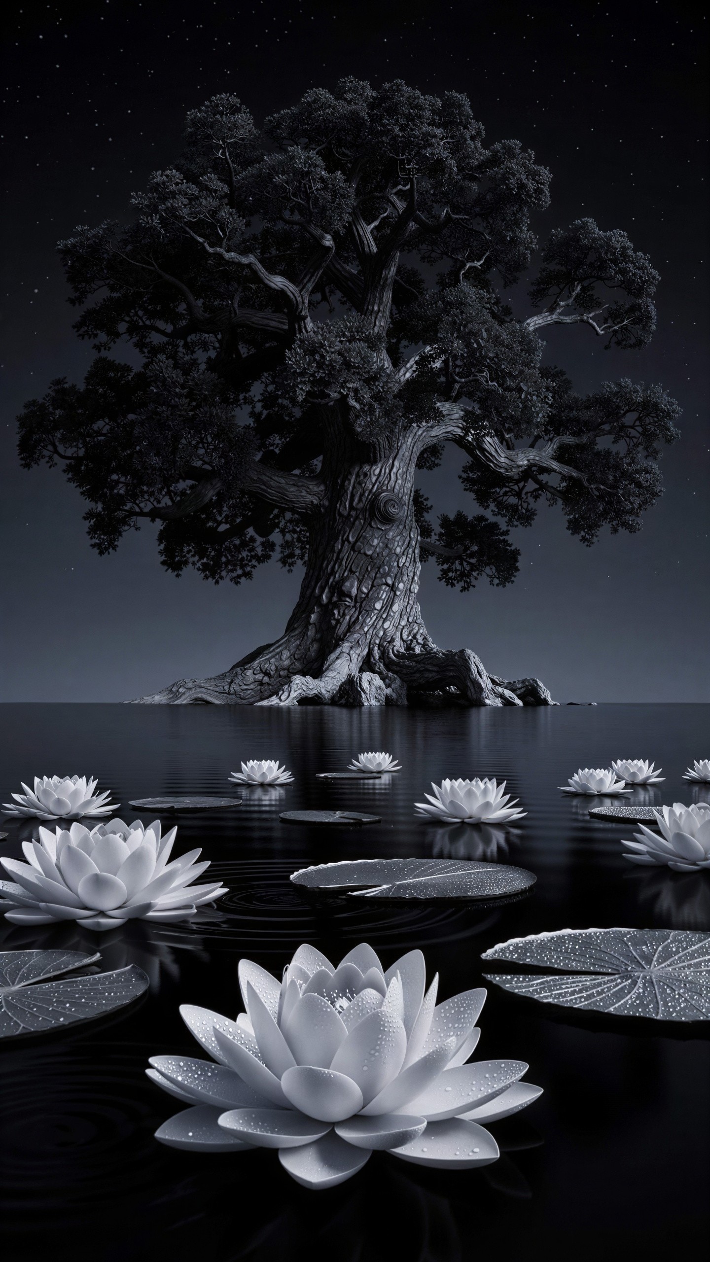 Monochromatic Image of a Gnarled Tree and Water Lilies
