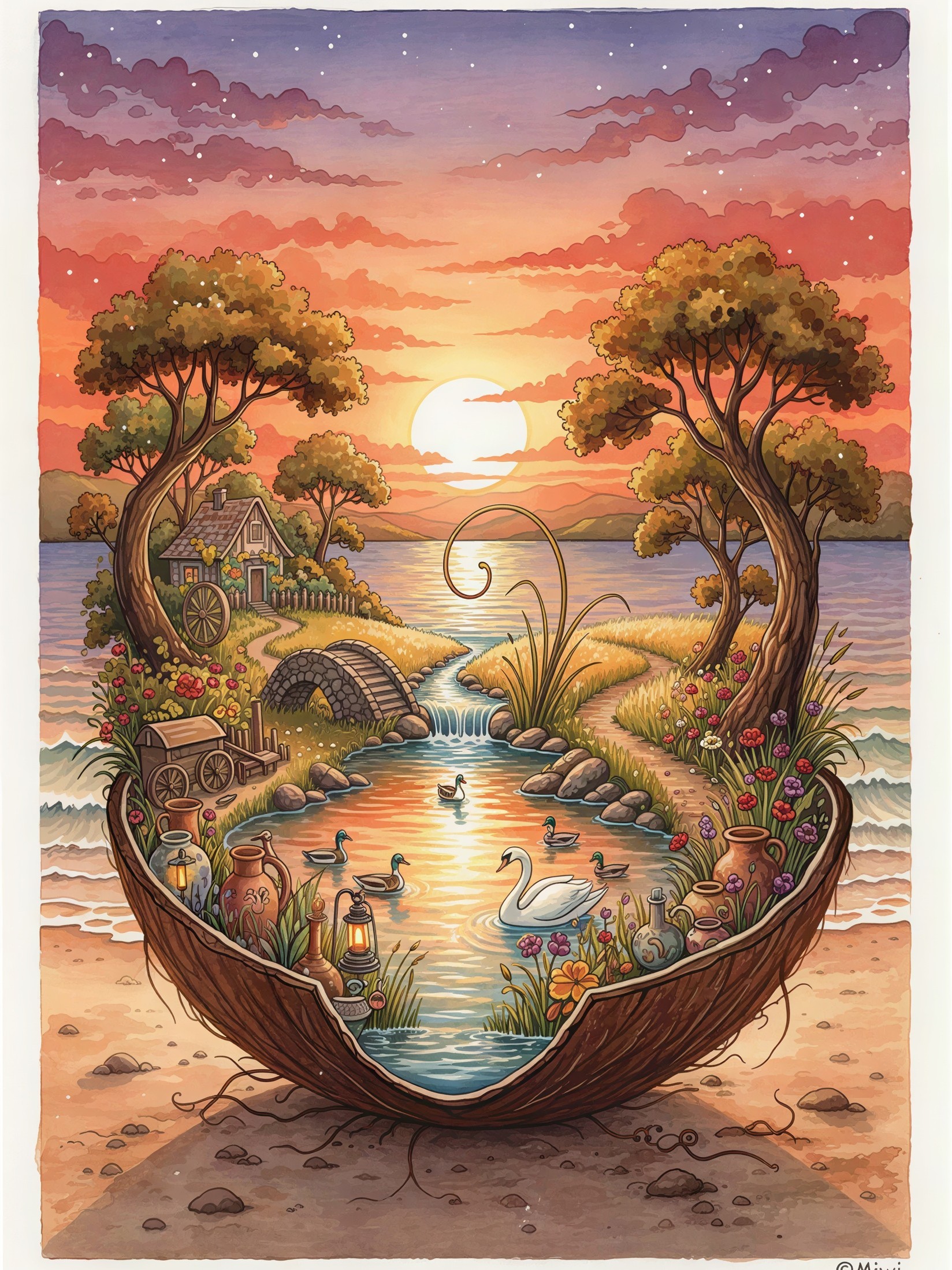 Watercolor Landscape in a Coconut Shell on Beach