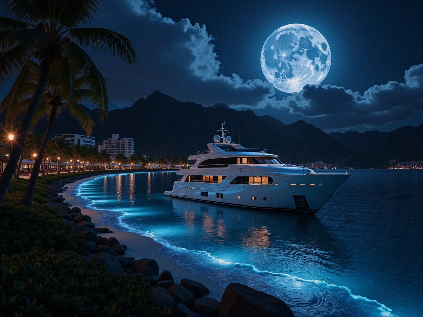 Luxurious Yacht Docked by Moonlit Shoreline at Night