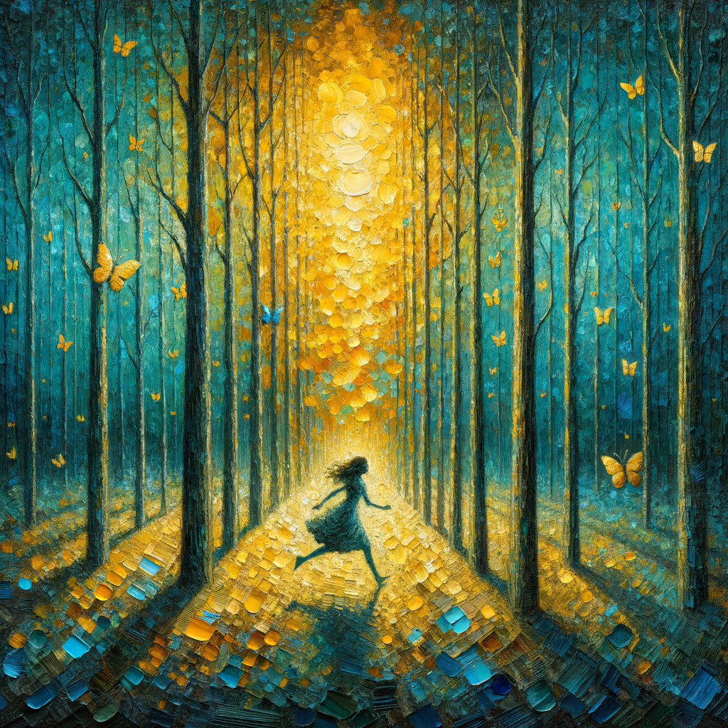 Impasto Oil Painting of Girl in Turquoise Forest