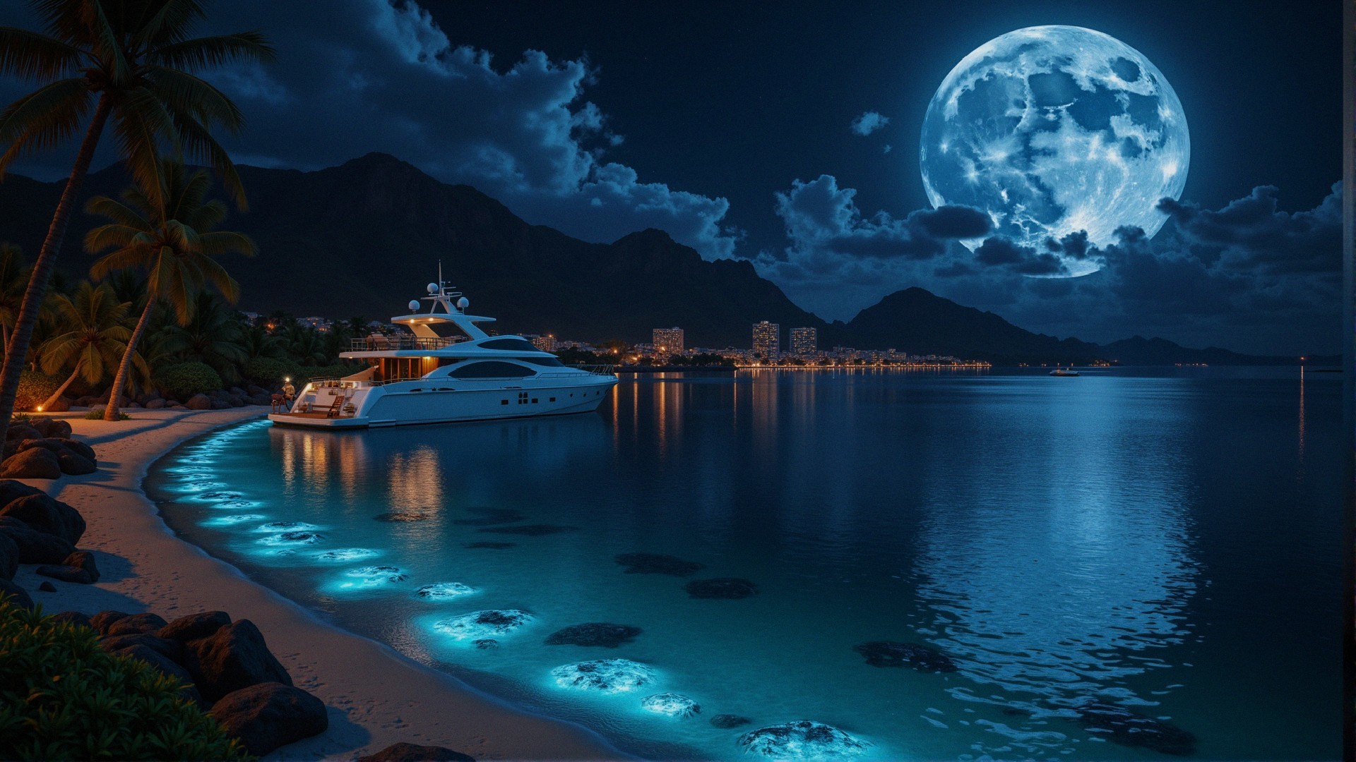 Tropical Nighttime Scene with Yacht and Bioluminescence