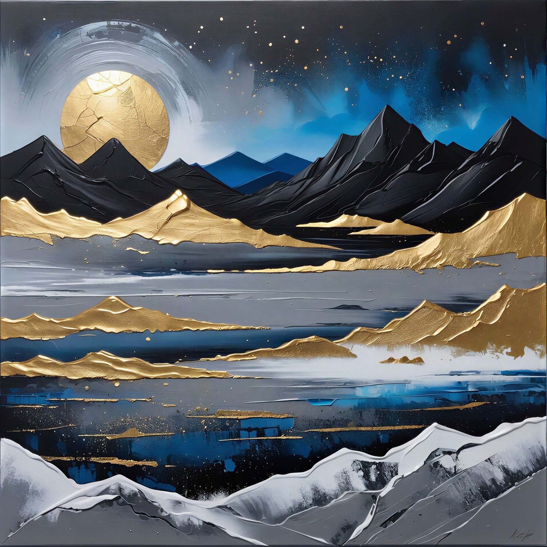 Impasto Mountain Landscape with Golden Moon and Stars