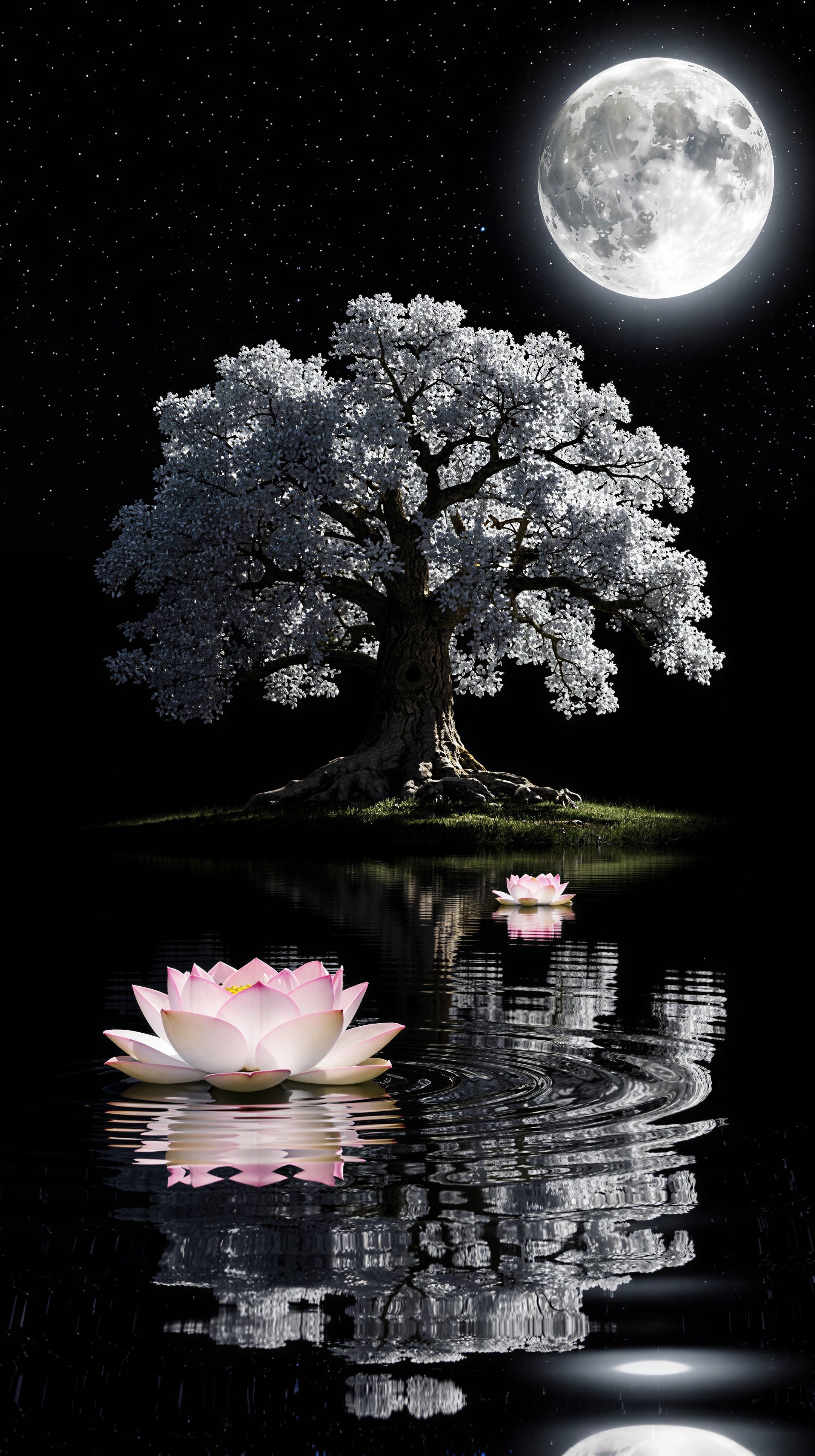 Large tree with white foliage and water lilies at night