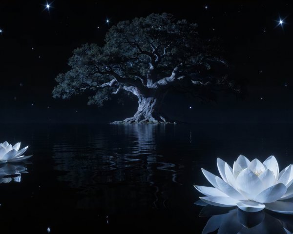 White Lotus Flowers on Dark Water at Night