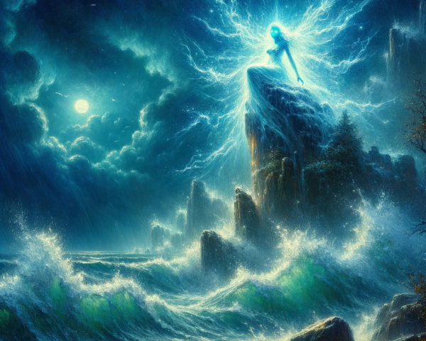 Mythical Water Elemental on Cliff Overlooking Ocean