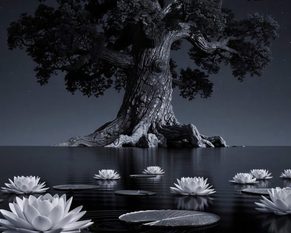 Monochromatic Image of a Gnarled Tree and Water Lilies