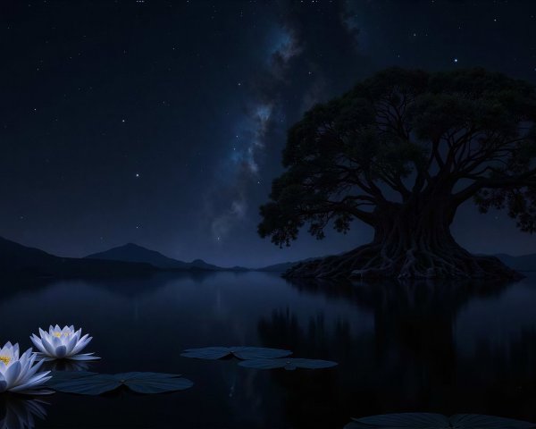 Lily Pads on Calm Lake with Starry Night Background
