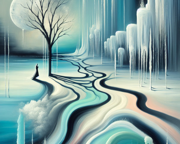 Icy Dreamscape with Solitary Figure and Moonlit Tree