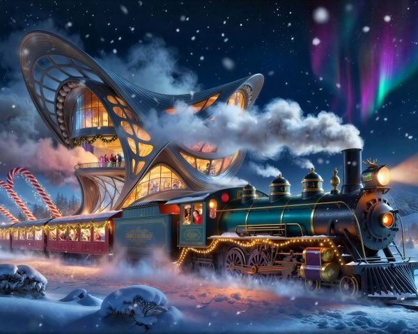 Digital Painting of Christmas Train at Futuristic Station