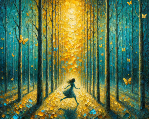 Impasto Oil Painting of Girl in Turquoise Forest
