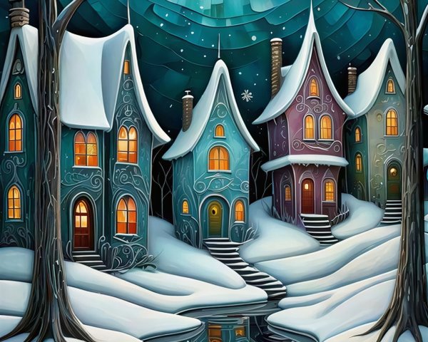 Winter Wonderland Scene in Stained Glass Style