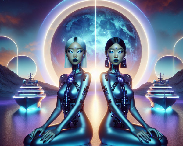 Cybernetic Women in Futuristic Setting with Blue Planet
