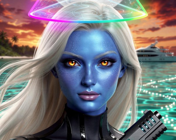 Blue-Skinned Woman in a Moonlit Tropical Scene