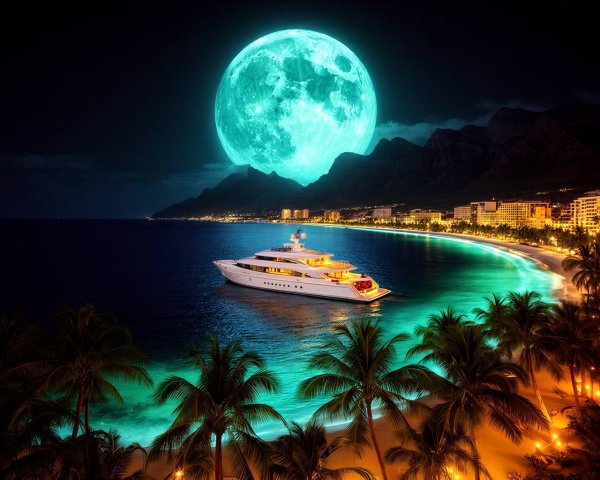 Vibrant Night Bay Scene with Full Moon and Yacht