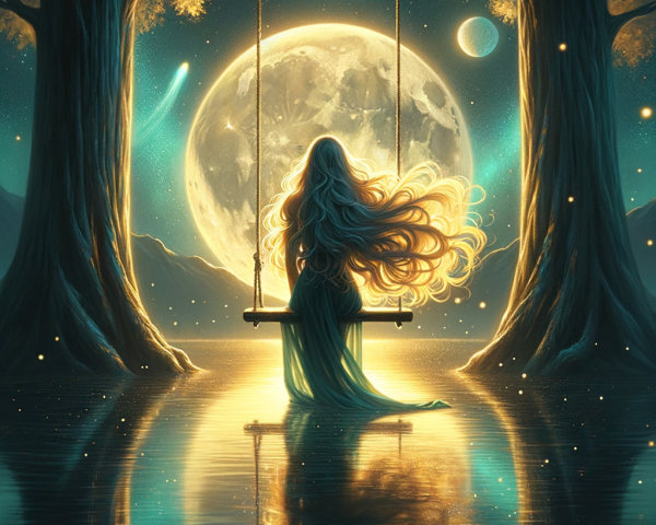 Fantasy Landscape with Woman on Swing Under Moonlight