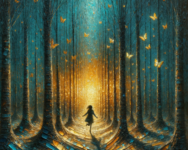Stained Glass Painting of Girl in Blue Forest Path