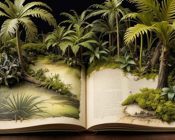 Illuminated Open Book with Rainforest Diorama and Text
