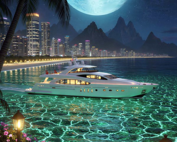 Yacht on Turquoise Waters Under Full Moon and Stars