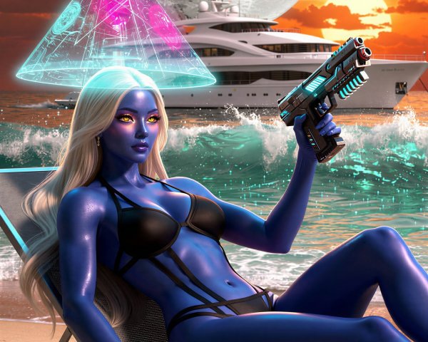 Blue-skinned alien woman on beach with futuristic elements