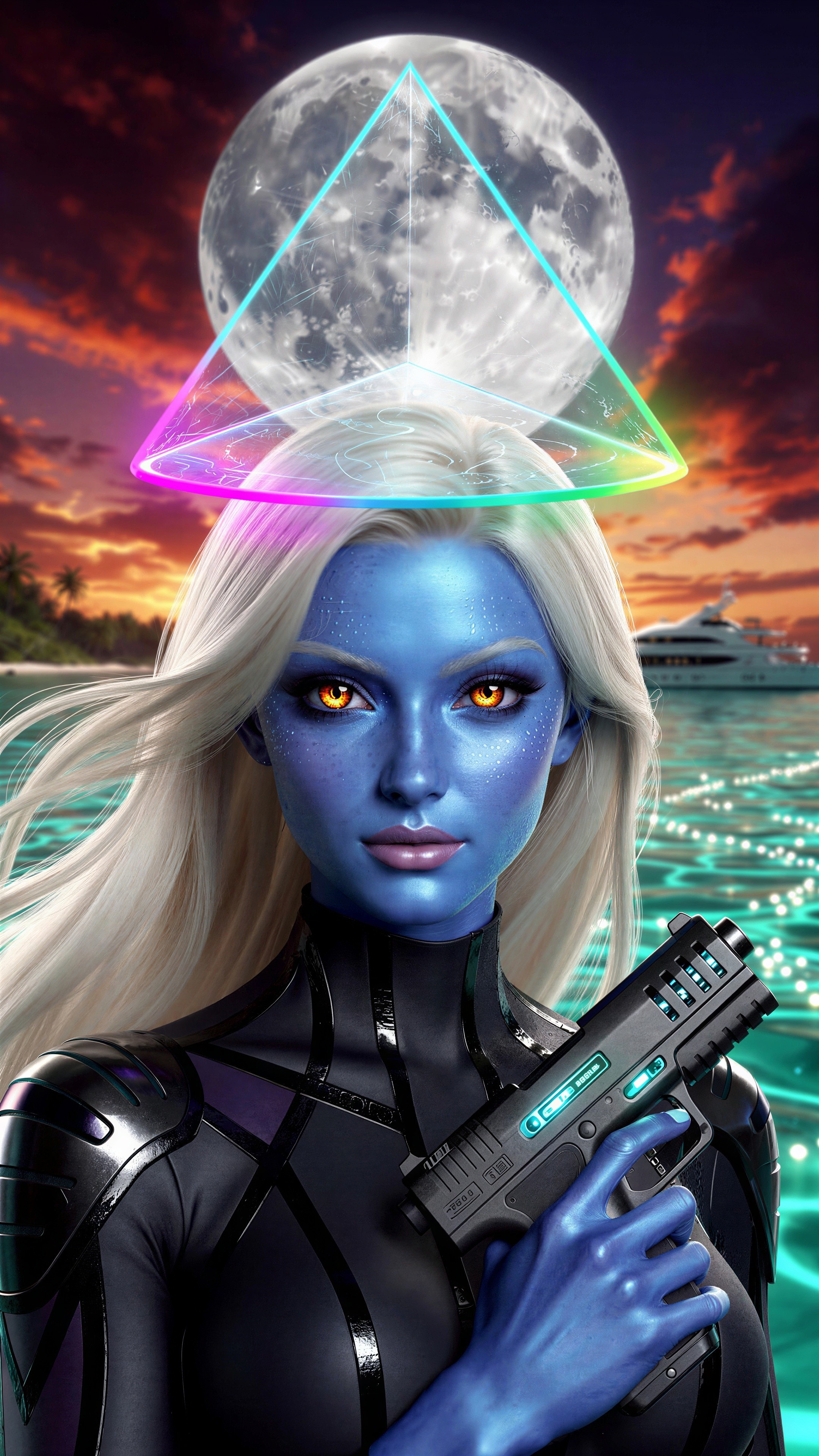 Blue-Skinned Woman in a Moonlit Tropical Scene