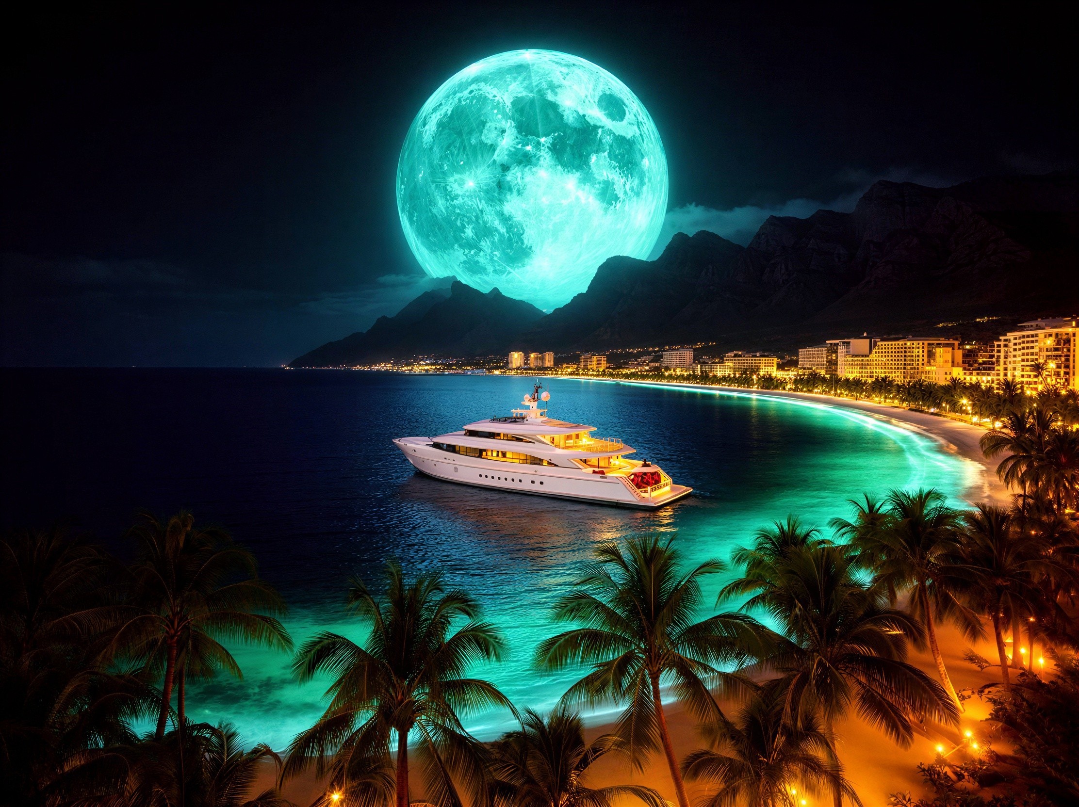 Vibrant Night Bay Scene with Full Moon and Yacht