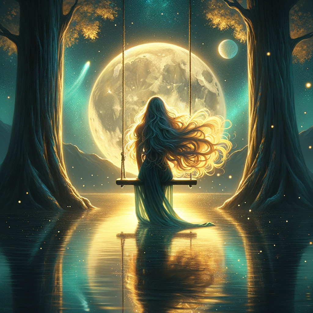 Fantasy Landscape with Woman on Swing Under Moonlight